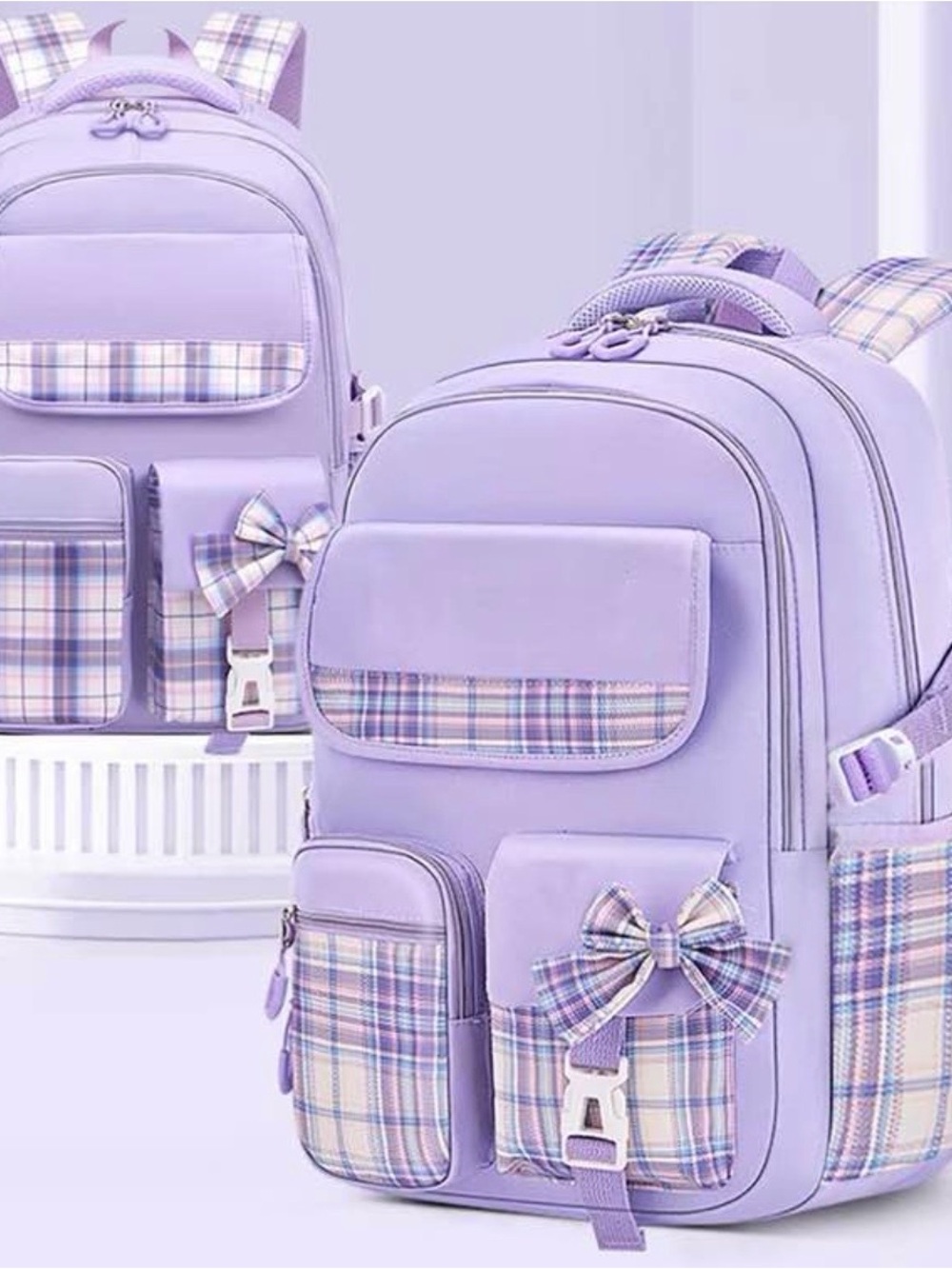 Lavender Plaid Accent Girls' Backpack with Decorative Bow